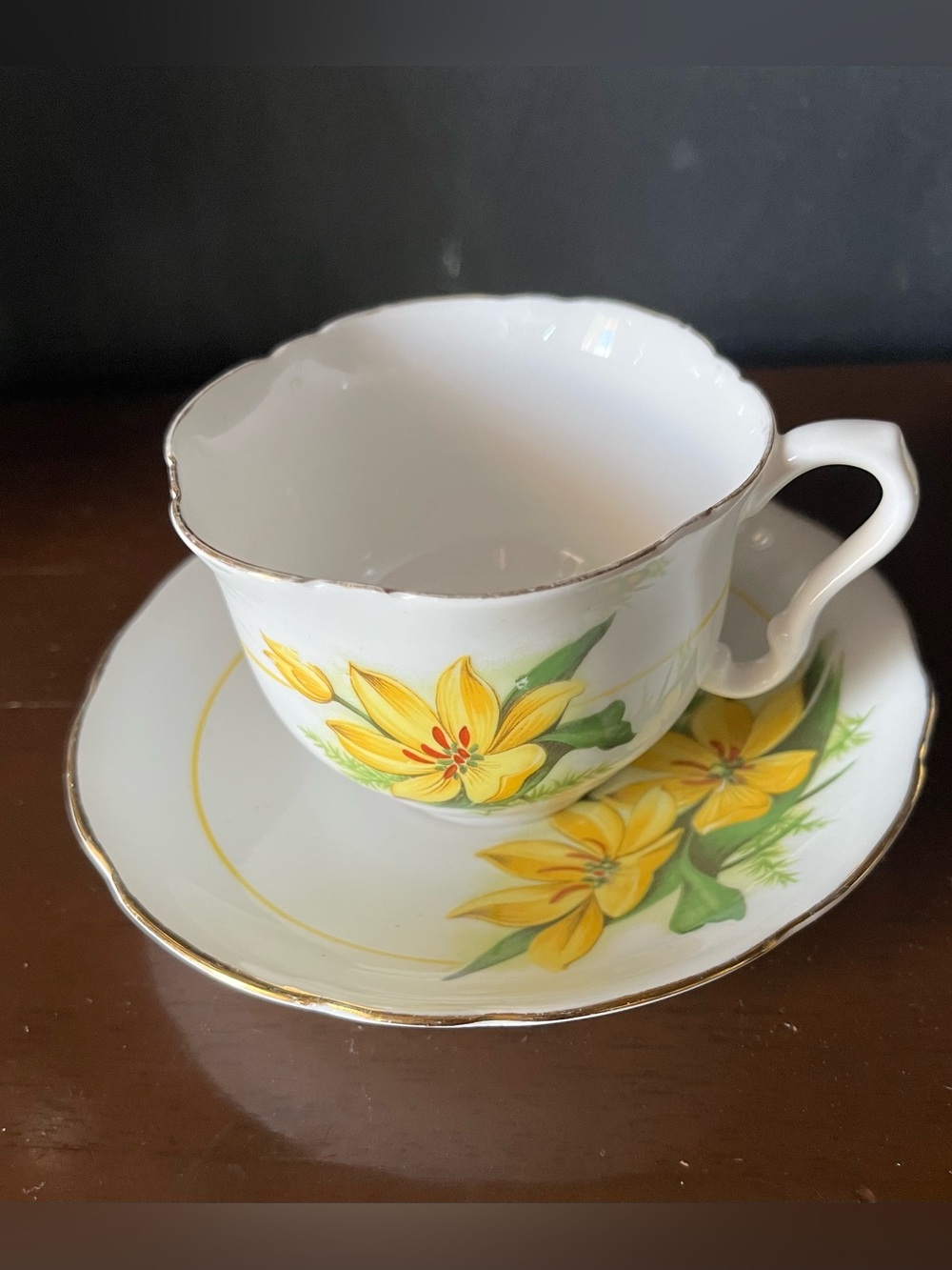 Vintage Crown Yellow Floral Teacup and Saucer Set with Gold Trim